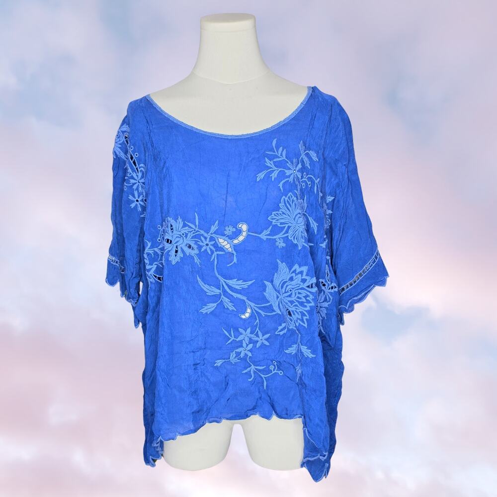 Johnny Was Blue Floral Embroidered Cupra Rayon Boho Peasant Tunic Blouse Size XL